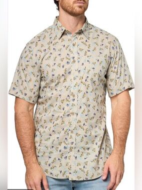 Eddie Bauer Beige Short-Sleeve Button-Down Shirt w/Blue & Tan Trout Print XXL